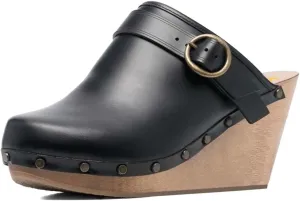 XYD Cork Mules Heels for Women Chic Studs Buckle Strap Fasten Closed Round Toe Slip On Wedge Slides Casual Event Dress Shoes