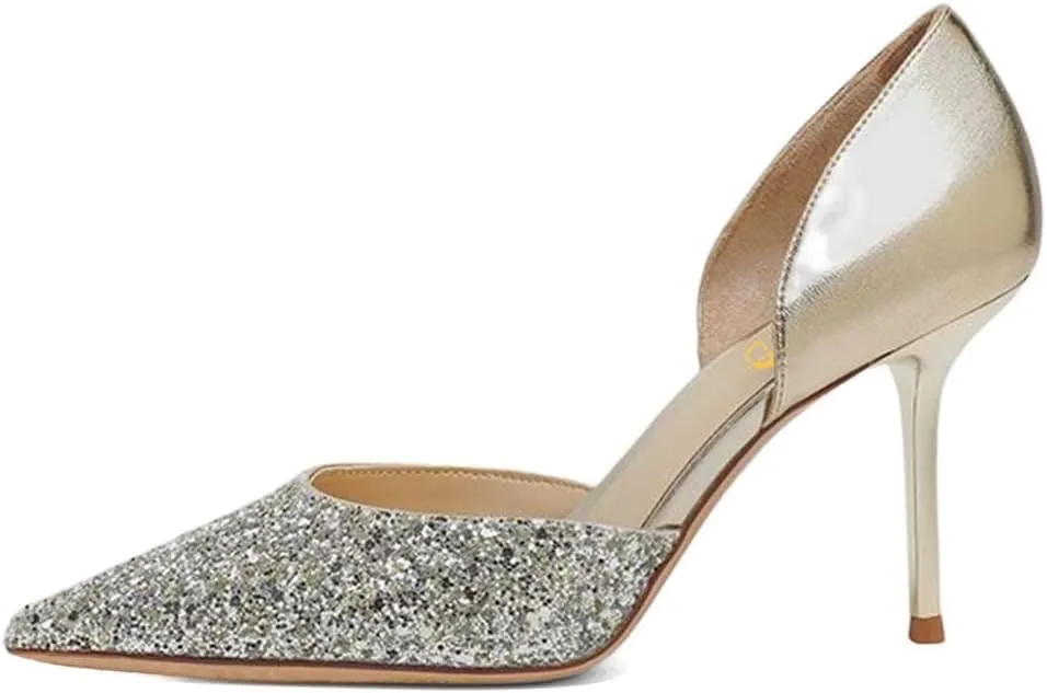 XYD Women Bridal Thin High Heel D' Orsay Pumps Pointed Closed Toe Slip on Stilettos Suede Glitter Shoes