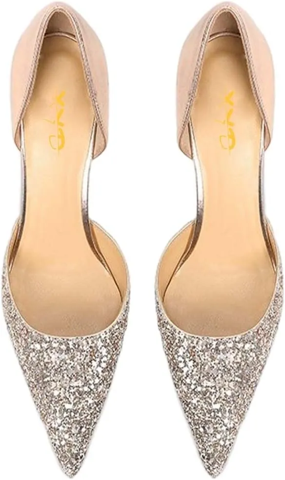 XYD Women Bridal Thin High Heel D' Orsay Pumps Pointed Closed Toe Slip on Stilettos Suede Glitter Shoes