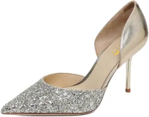 XYD Women Bridal Thin High Heel D' Orsay Pumps Pointed Closed Toe Slip on Stilettos Suede Glitter Shoes