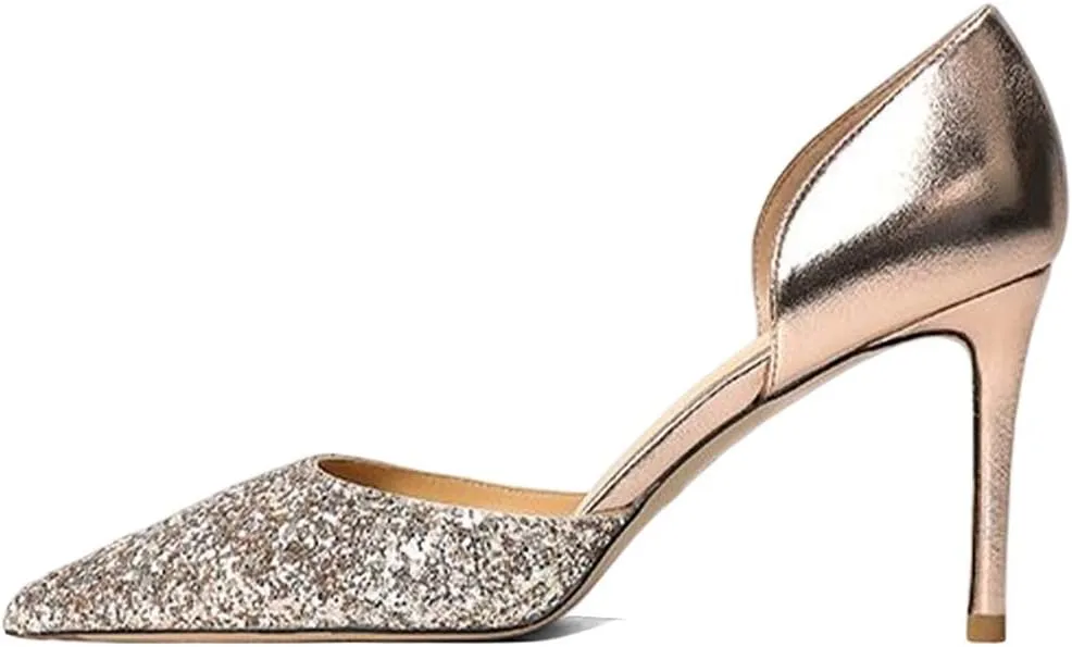 XYD Women Bridal Thin High Heel D' Orsay Pumps Pointed Closed Toe Slip on Stilettos Suede Glitter Shoes