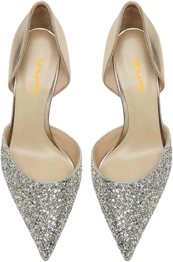 XYD Women Bridal Thin High Heel D' Orsay Pumps Pointed Closed Toe Slip on Stilettos Suede Glitter Shoes