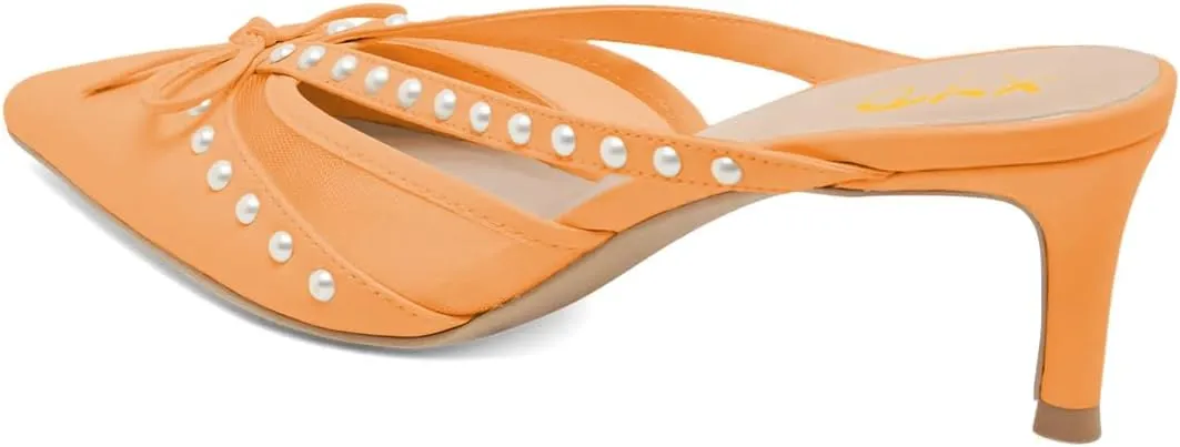 XYD Women Closed Pointed Toe Bowknot Mules Comfortable Low Heels Glossy Pearls Slip On Slides Party Dress Shoes