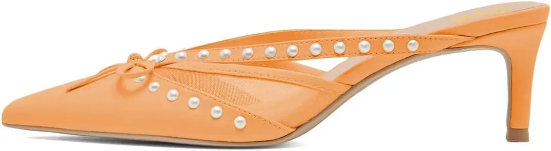 XYD Women Closed Pointed Toe Bowknot Mules Comfortable Low Heels Glossy Pearls Slip On Slides Party Dress Shoes