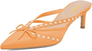 XYD Women Closed Pointed Toe Bowknot Mules Comfortable Low Heels Glossy Pearls Slip On Slides Party Dress Shoes