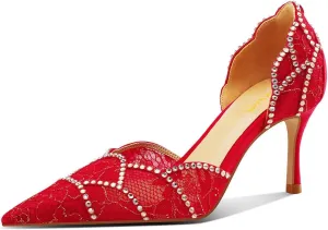 XYD Women Crystal Studs Wedding Pumps Closed Pointed Toe Petal Curve Slip On Mid Heel D'Orsay Elegant Bridal Shoes