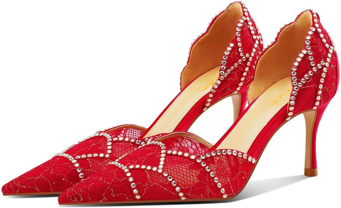 XYD Women Crystal Studs Wedding Pumps Closed Pointed Toe Petal Curve Slip On Mid Heel D'Orsay Elegant Bridal Shoes