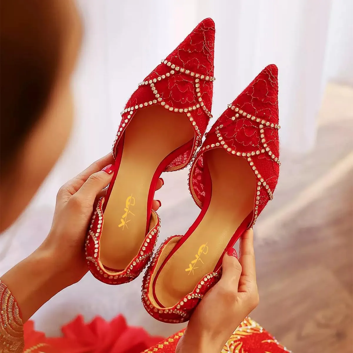 XYD Women Crystal Studs Wedding Pumps Closed Pointed Toe Petal Curve Slip On Mid Heel D'Orsay Elegant Bridal Shoes