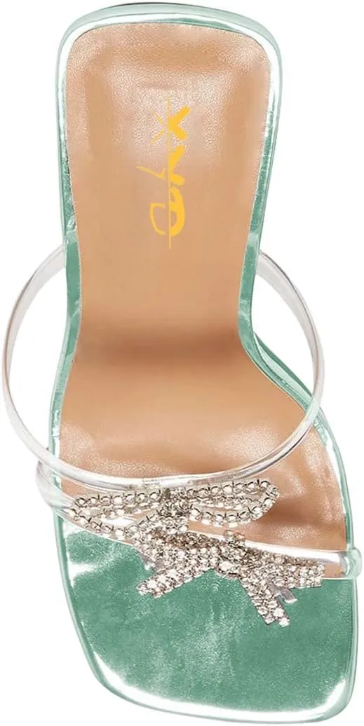 XYD Women Cute Double Straps Slide Sandals with Rhinestones Bows Open Square Toe High Heel Stiletto Slip On Mule Summer Outdoor Slipper Party Club Shoes