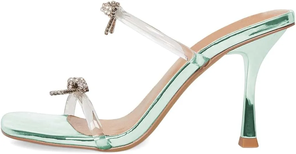 XYD Women Cute Double Straps Slide Sandals with Rhinestones Bows Open Square Toe High Heel Stiletto Slip On Mule Summer Outdoor Slipper Party Club Shoes