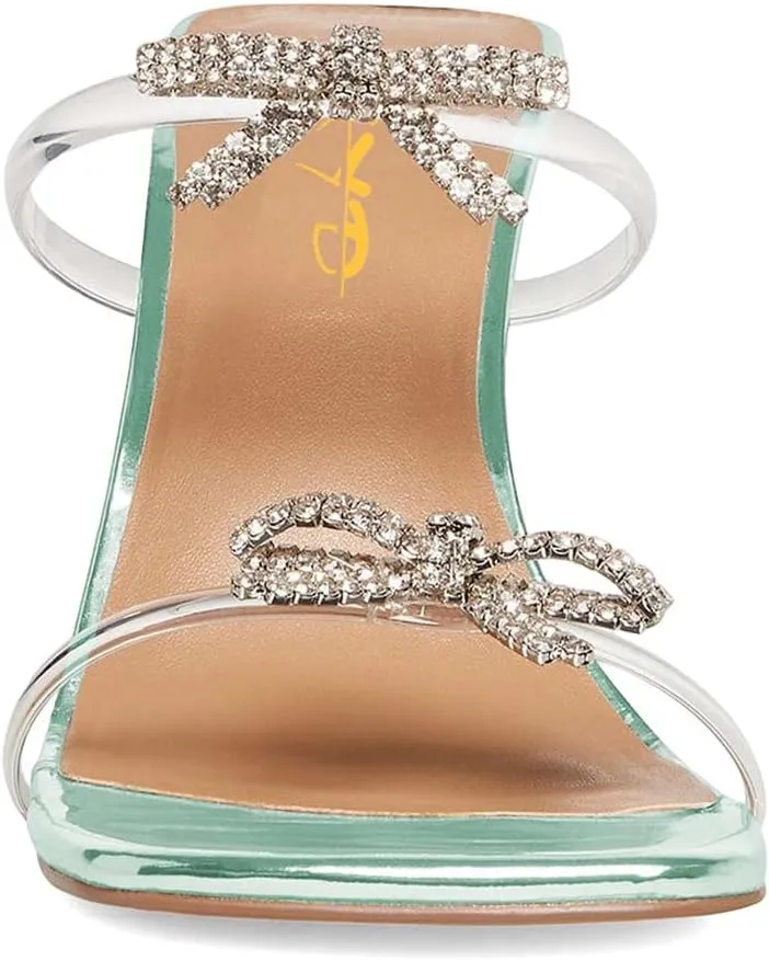 XYD Women Cute Double Straps Slide Sandals with Rhinestones Bows Open Square Toe High Heel Stiletto Slip On Mule Summer Outdoor Slipper Party Club Shoes