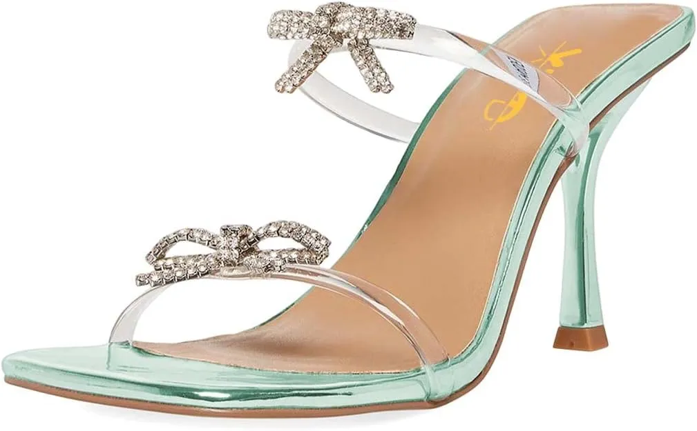 XYD Women Cute Double Straps Slide Sandals with Rhinestones Bows Open Square Toe High Heel Stiletto Slip On Mule Summer Outdoor Slipper Party Club Shoes
