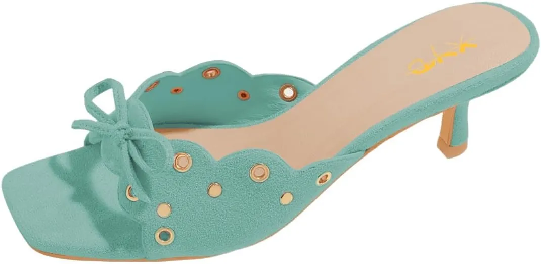 XYD Women Eyelet Kitten Mules Open Square Toe Cute Bowknot Low Heel Slip-on Slide Sandals Comfort Dress Shoes