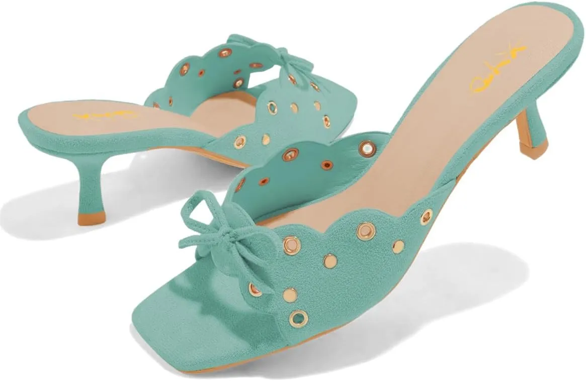 XYD Women Eyelet Kitten Mules Open Square Toe Cute Bowknot Low Heel Slip-on Slide Sandals Comfort Dress Shoes
