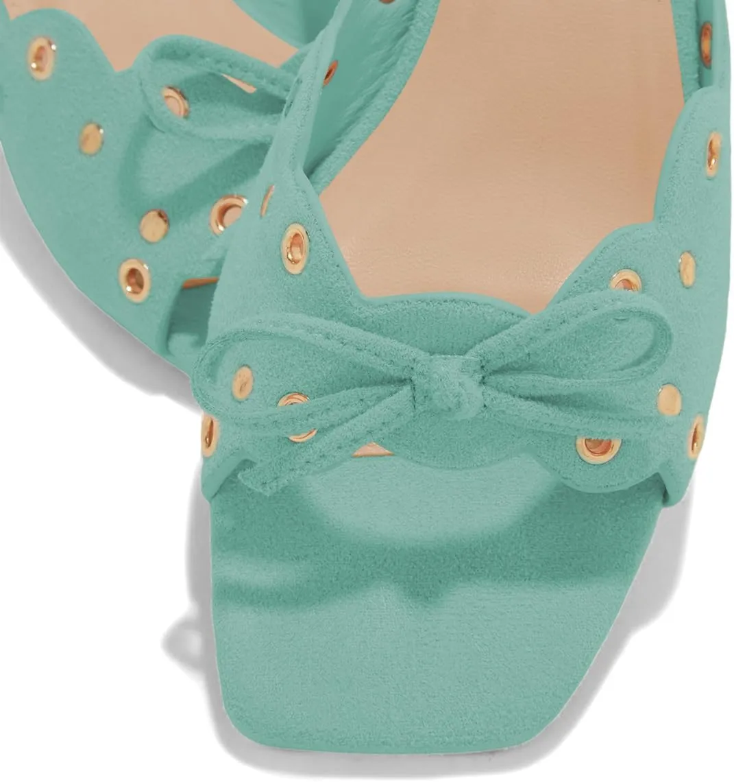 XYD Women Eyelet Kitten Mules Open Square Toe Cute Bowknot Low Heel Slip-on Slide Sandals Comfort Dress Shoes