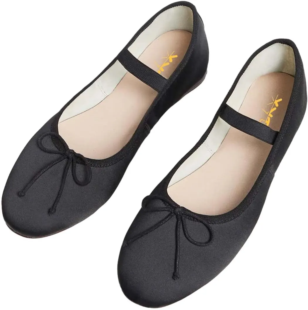 XYD Women Girls Ballet Flats Slip On Closed Almond Toe Elastic Single Strap Bowknot Cute Dress Date Shoes