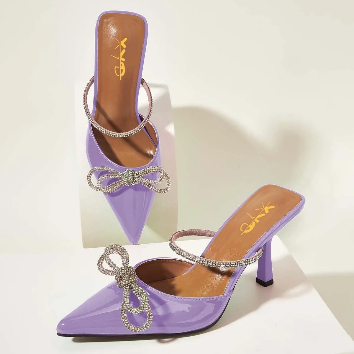XYD Women Graceful Closed Pointy Toe Slip On Slide Sandals High Thin Heel with Rhinestones Bow Knot Mule Slippers Party Event Dressy Shoes