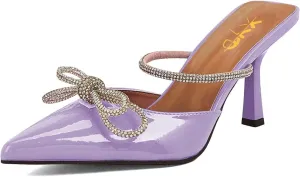 XYD Women Graceful Closed Pointy Toe Slip On Slide Sandals High Thin Heel with Rhinestones Bow Knot Mule Slippers Party Event Dressy Shoes