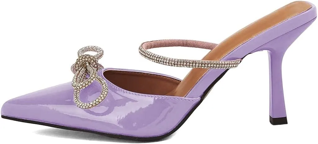 XYD Women Graceful Closed Pointy Toe Slip On Slide Sandals High Thin Heel with Rhinestones Bow Knot Mule Slippers Party Event Dressy Shoes