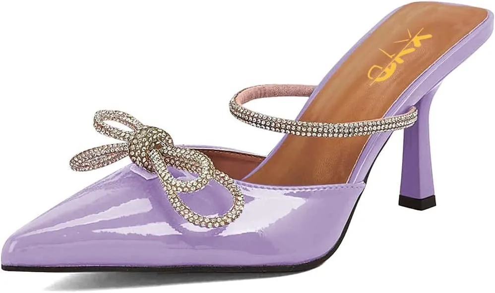 XYD Women Graceful Closed Pointy Toe Slip On Slide Sandals High Thin Heel with Rhinestones Bow Knot Mule Slippers Party Event Dressy Shoes