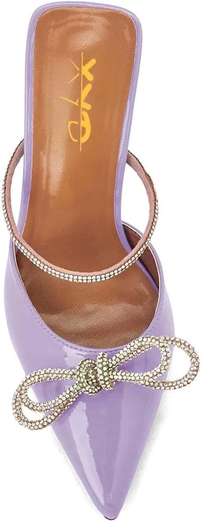 XYD Women Graceful Closed Pointy Toe Slip On Slide Sandals High Thin Heel with Rhinestones Bow Knot Mule Slippers Party Event Dressy Shoes