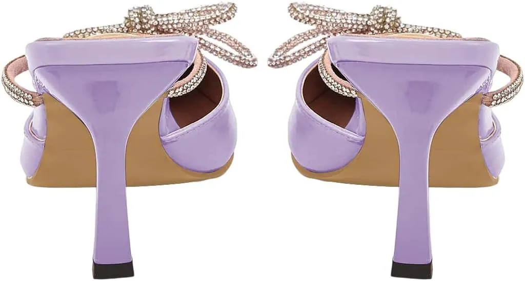 XYD Women Graceful Closed Pointy Toe Slip On Slide Sandals High Thin Heel with Rhinestones Bow Knot Mule Slippers Party Event Dressy Shoes