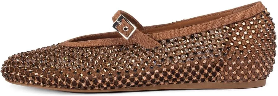 XYD Women Mesh Crystal Studs Ballet Flat Round Toe Single Strap Mary Jane Sparkling Shoes for Dating Vacation