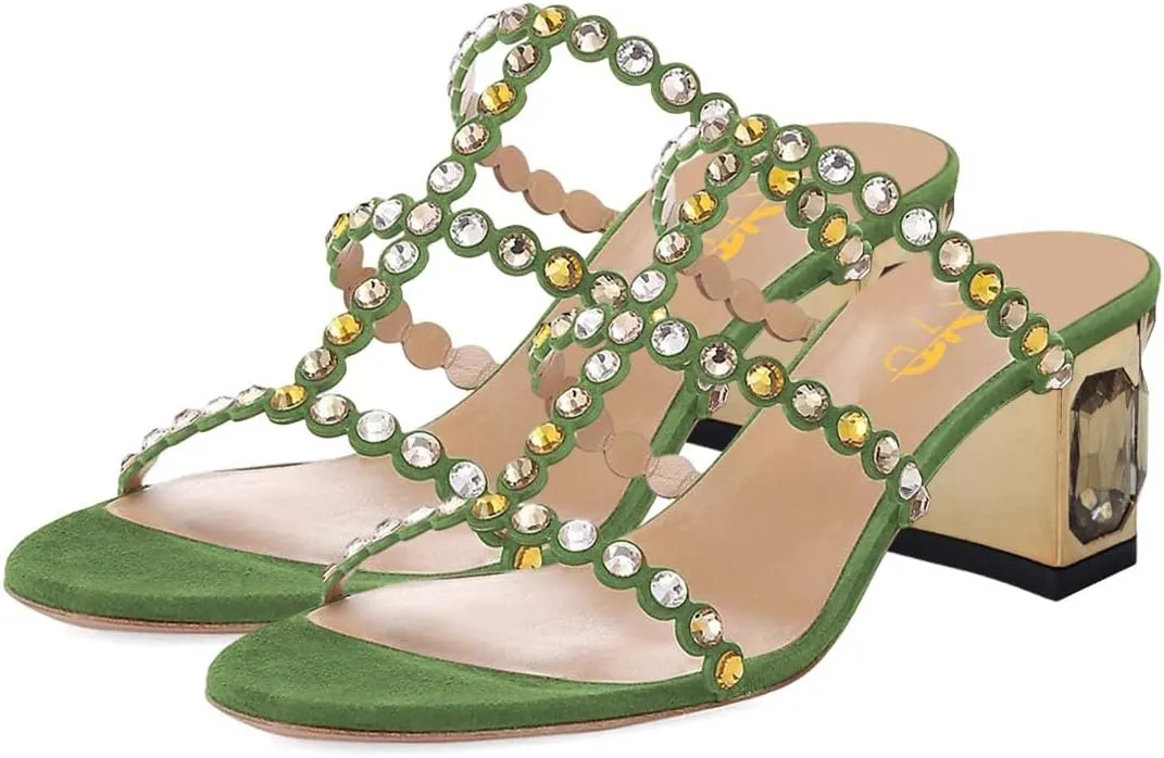 XYD Women Rhinestones T-Strap Mule Sandals Open Toe Slip On Mid Low Chunky Crystal Heel Slide Slippers Party Event Dress Shoes