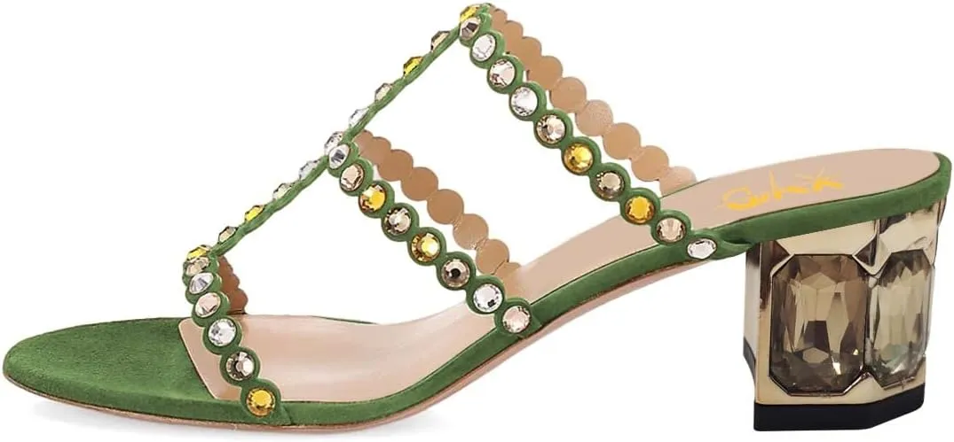 XYD Women Rhinestones T-Strap Mule Sandals Open Toe Slip On Mid Low Chunky Crystal Heel Slide Slippers Party Event Dress Shoes