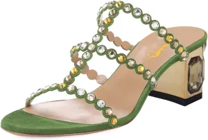 XYD Women Rhinestones T-Strap Mule Sandals Open Toe Slip On Mid Low Chunky Crystal Heel Slide Slippers Party Event Dress Shoes