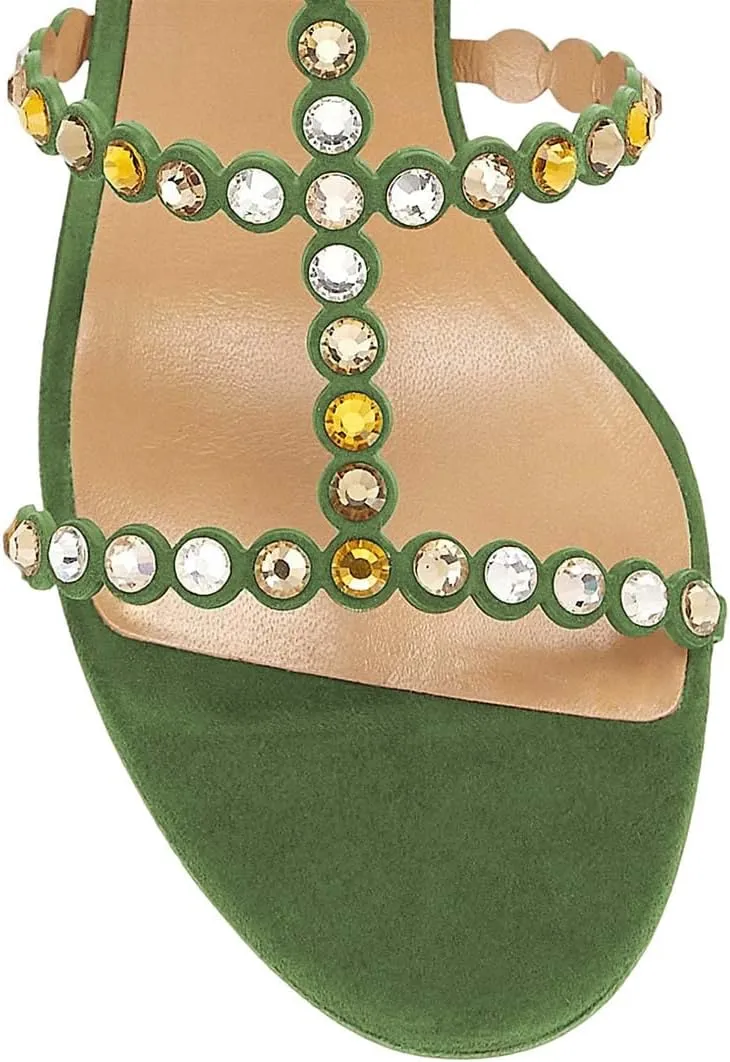 XYD Women Rhinestones T-Strap Mule Sandals Open Toe Slip On Mid Low Chunky Crystal Heel Slide Slippers Party Event Dress Shoes