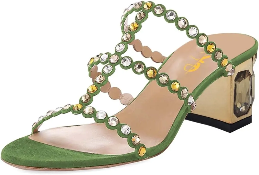 XYD Women Rhinestones T-Strap Mule Sandals Open Toe Slip On Mid Low Chunky Crystal Heel Slide Slippers Party Event Dress Shoes