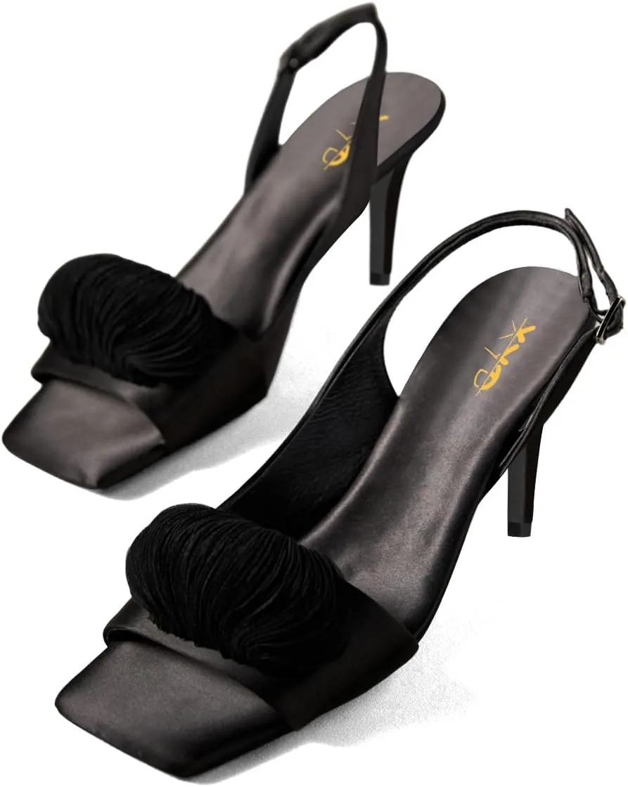 XYD Women Ruffle High Heels Square Open Toe Adjustable Buckle Slingback Strap Sandals Slip-on Dress Evening Shoes