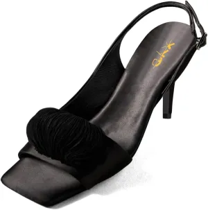 XYD Women Ruffle High Heels Square Open Toe Adjustable Buckle Slingback Strap Sandals Slip-on Dress Evening Shoes