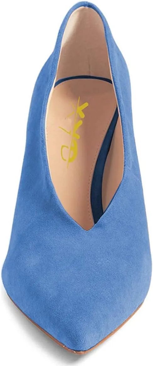 XYD Women's Fashion Suede High Heel Pumps Pointed Toe V Cut Slip On Dress Shoes