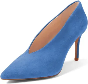 XYD Women's Fashion Suede High Heel Pumps Pointed Toe V Cut Slip On Dress Shoes