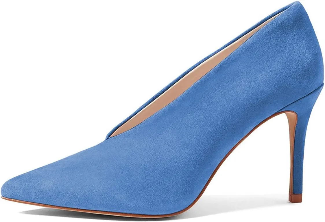 XYD Women's Fashion Suede High Heel Pumps Pointed Toe V Cut Slip On Dress Shoes