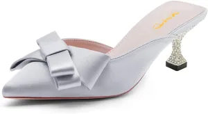 XYD Women's Pointed Closed Toe Mules Crystal Low Heel Bowknot Slip On Wedding Party Bridal Comfort Shoes