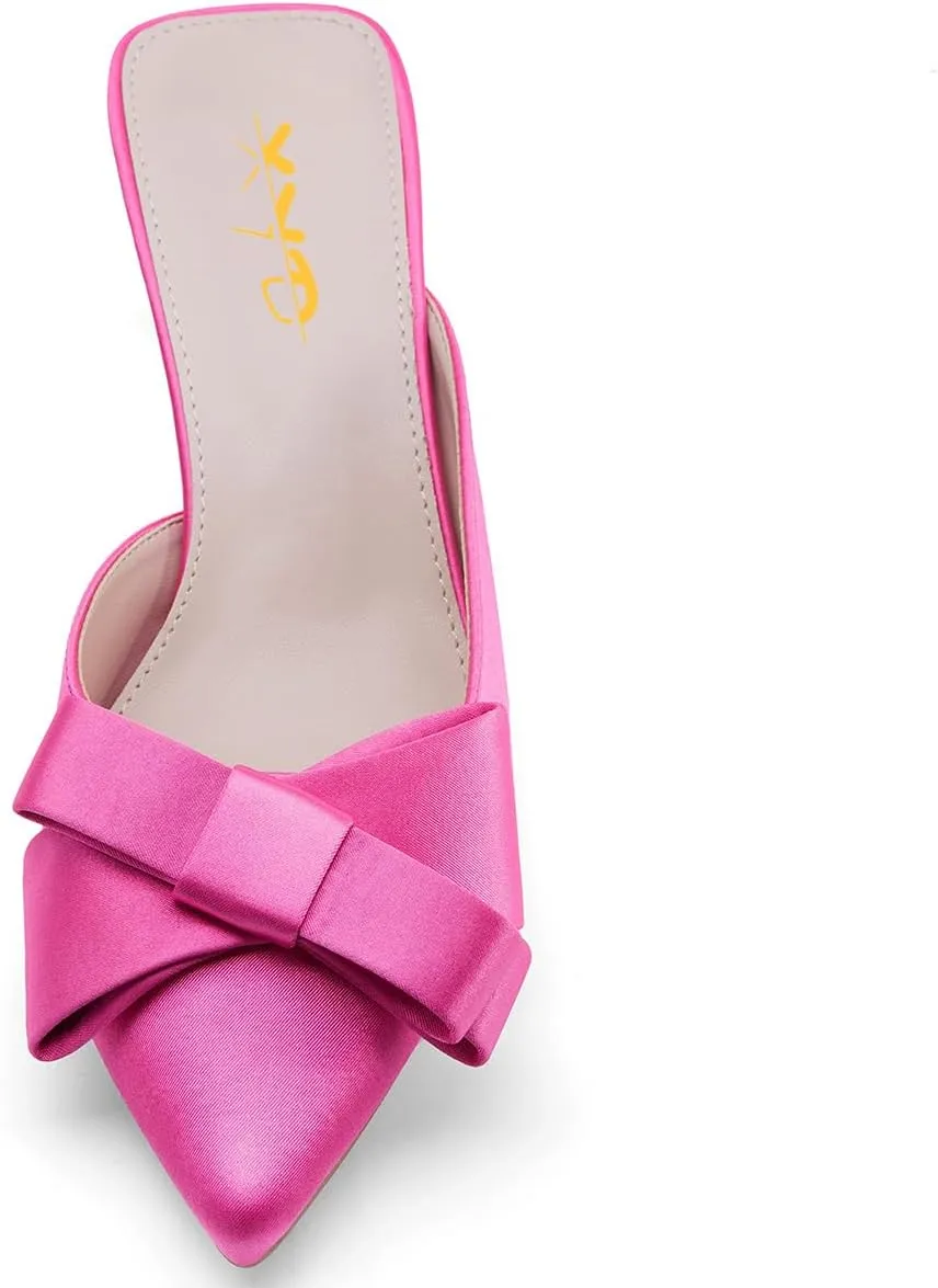 XYD Women's Pointed Closed Toe Mules Crystal Low Heel Bowknot Slip On Wedding Party Bridal Comfort Shoes