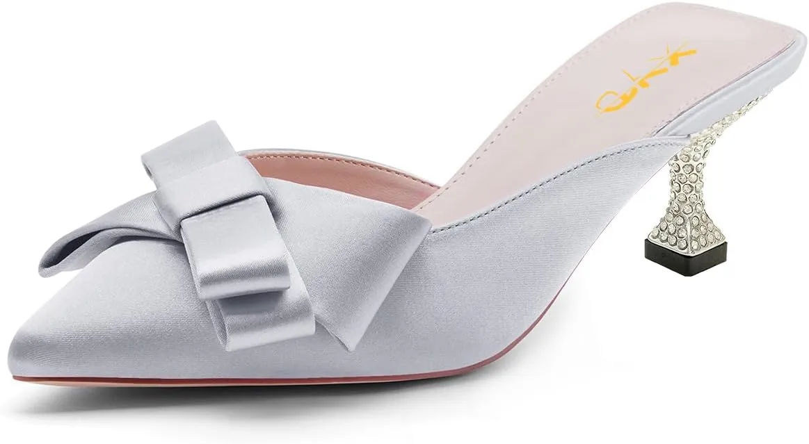 XYD Women's Pointed Closed Toe Mules Crystal Low Heel Bowknot Slip On Wedding Party Bridal Comfort Shoes