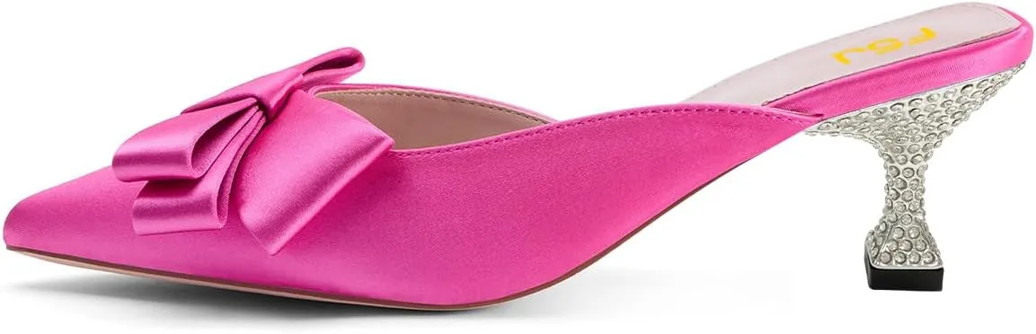 XYD Women's Pointed Closed Toe Mules Crystal Low Heel Bowknot Slip On Wedding Party Bridal Comfort Shoes