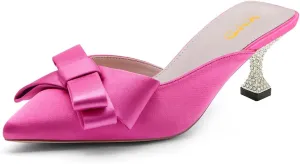 XYD Women's Pointed Closed Toe Mules Crystal Low Heel Bowknot Slip On Wedding Party Bridal Comfort Shoes