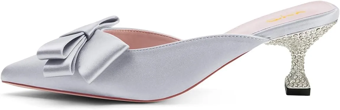 XYD Women's Pointed Closed Toe Mules Crystal Low Heel Bowknot Slip On Wedding Party Bridal Comfort Shoes