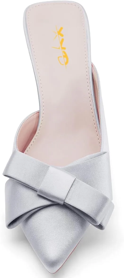 XYD Women's Pointed Closed Toe Mules Crystal Low Heel Bowknot Slip On Wedding Party Bridal Comfort Shoes
