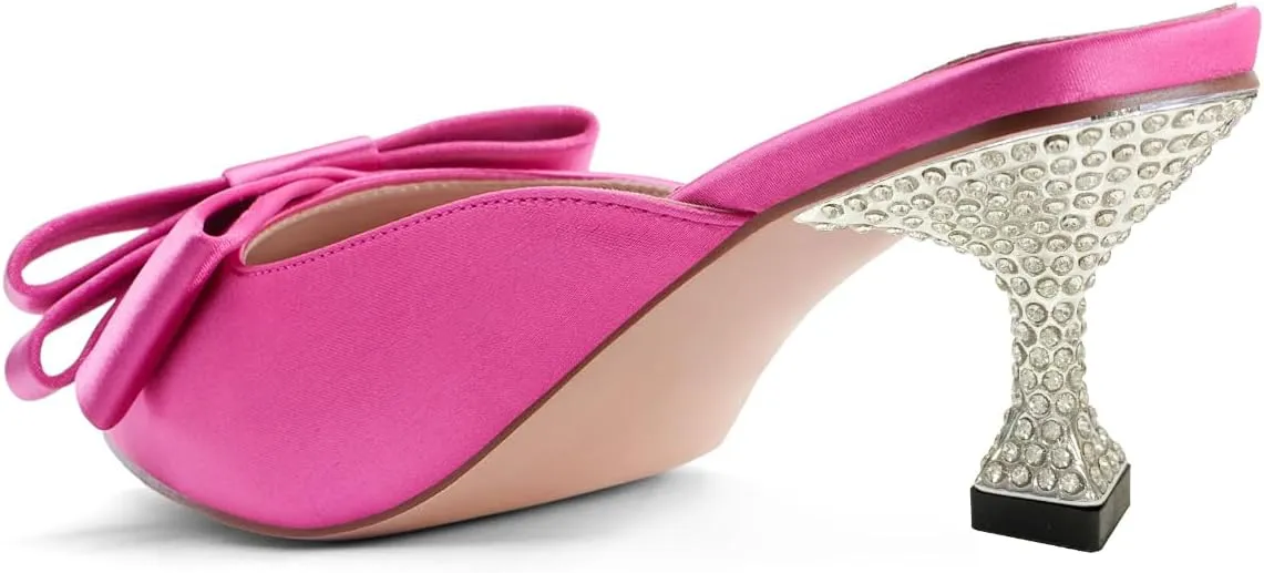 XYD Women's Pointed Closed Toe Mules Crystal Low Heel Bowknot Slip On Wedding Party Bridal Comfort Shoes