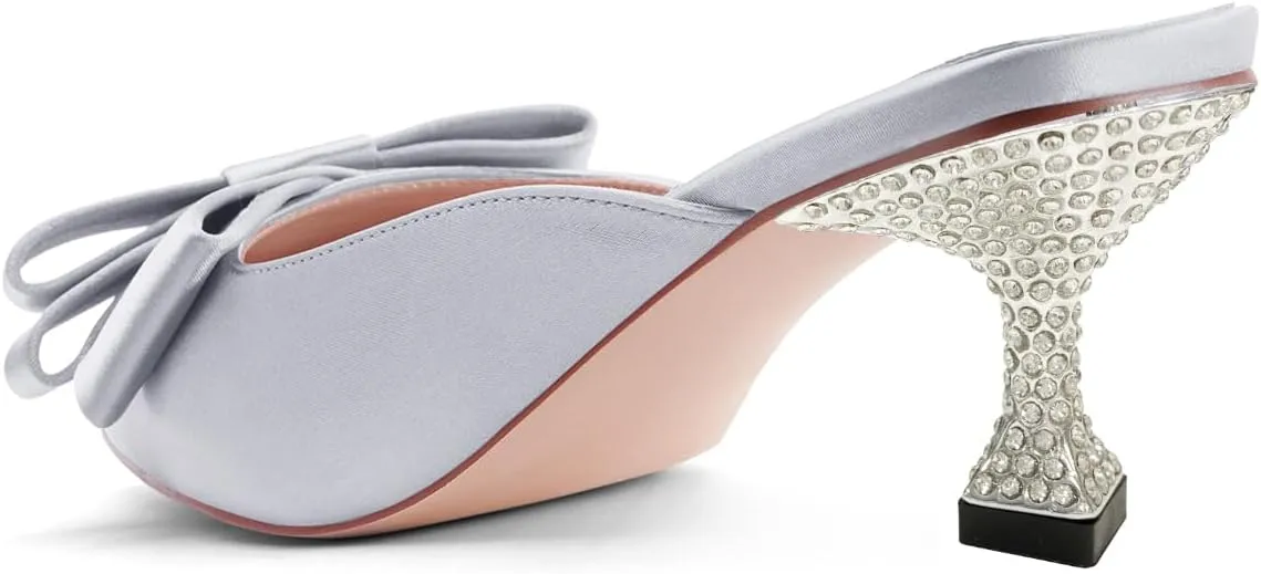 XYD Women's Pointed Closed Toe Mules Crystal Low Heel Bowknot Slip On Wedding Party Bridal Comfort Shoes