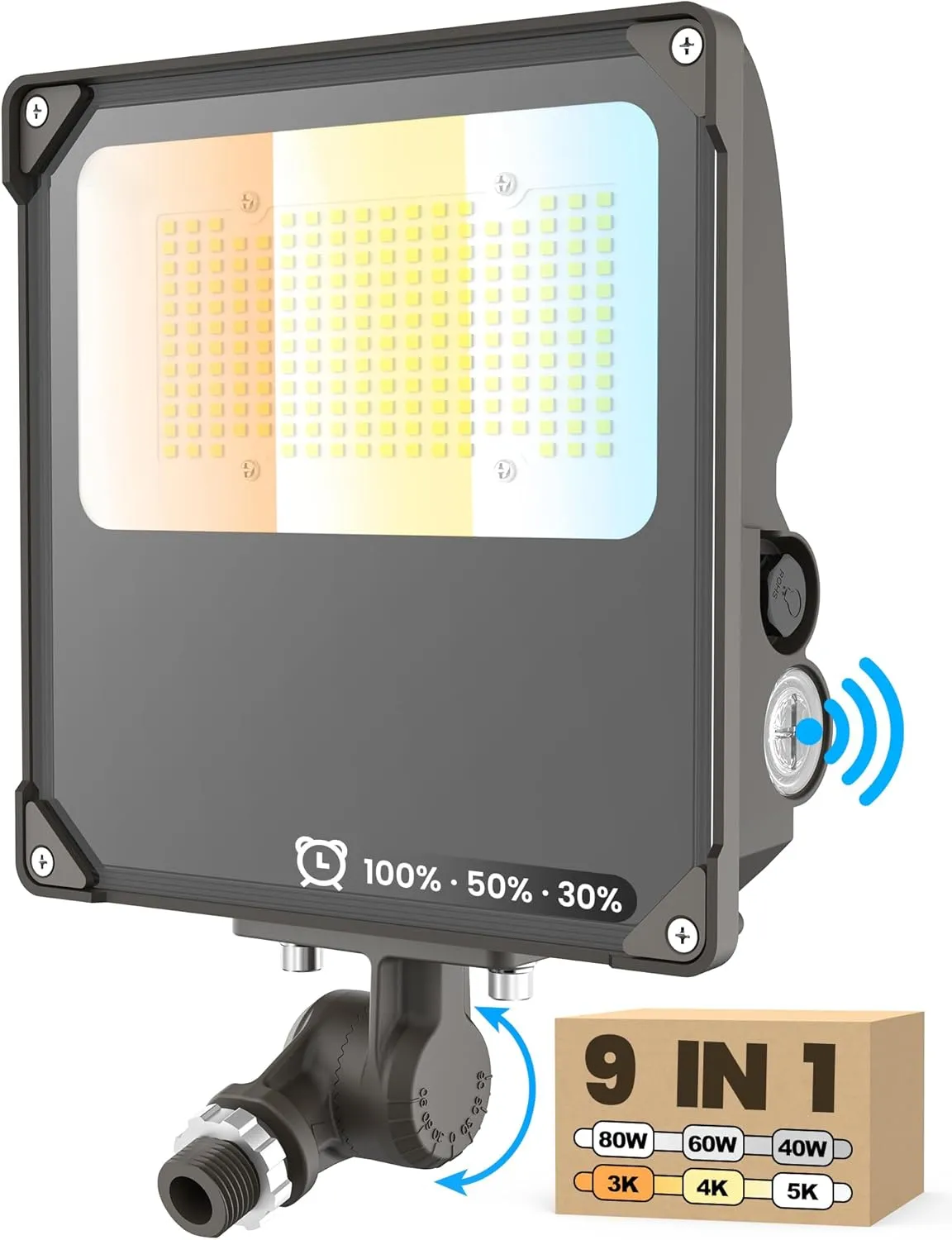 YARBO LED Flood Light with Timer Dimming, 80W/60W/40W Switchable, 3000K/4000K/5000K Tunable, 12000LM Dusk-to-Dawn Photocell LED Flood Light Outdoor, Knuckle Mount, IP65 Waterproof LED Security Lights
