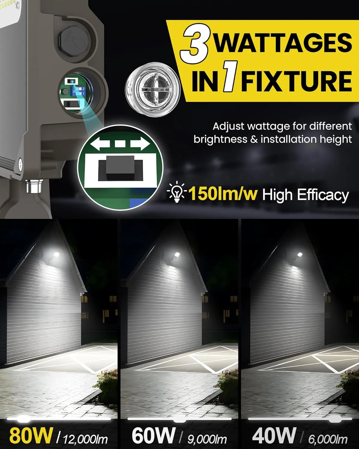 YARBO LED Flood Light with Timer Dimming, 80W/60W/40W Switchable, 3000K/4000K/5000K Tunable, 12000LM Dusk-to-Dawn Photocell LED Flood Light Outdoor, Knuckle Mount, IP65 Waterproof LED Security Lights