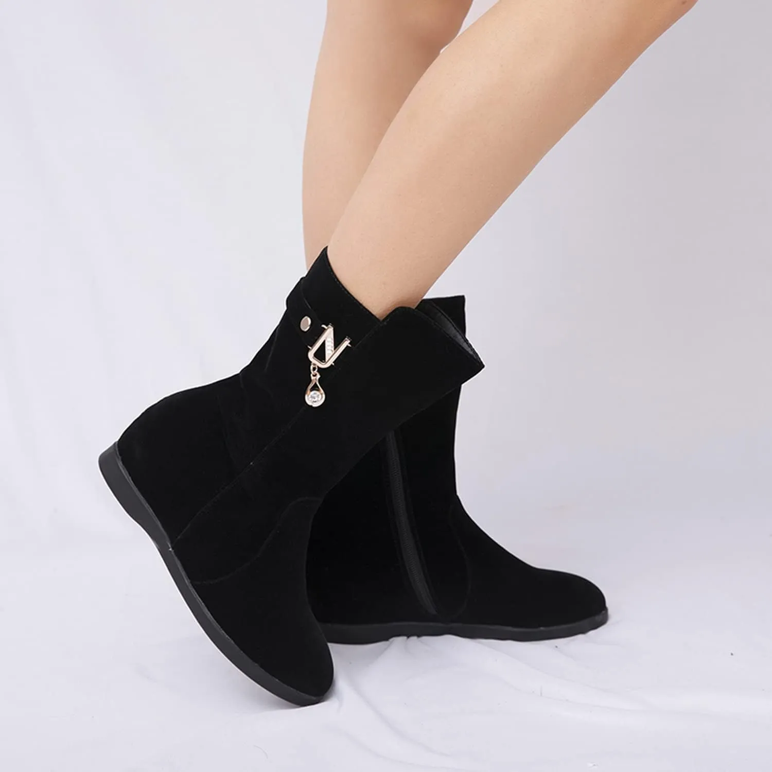 Yawors Womens BC101 Velvet Lining Zipper Metal Buckles Microsuede Flat Mid Calf Boots