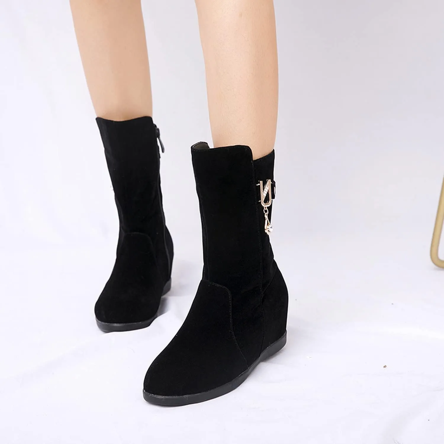 Yawors Womens BC101 Velvet Lining Zipper Metal Buckles Microsuede Flat Mid Calf Boots